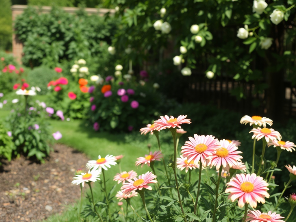 A quiet garden with blooming flowers and a peaceful atmosphere