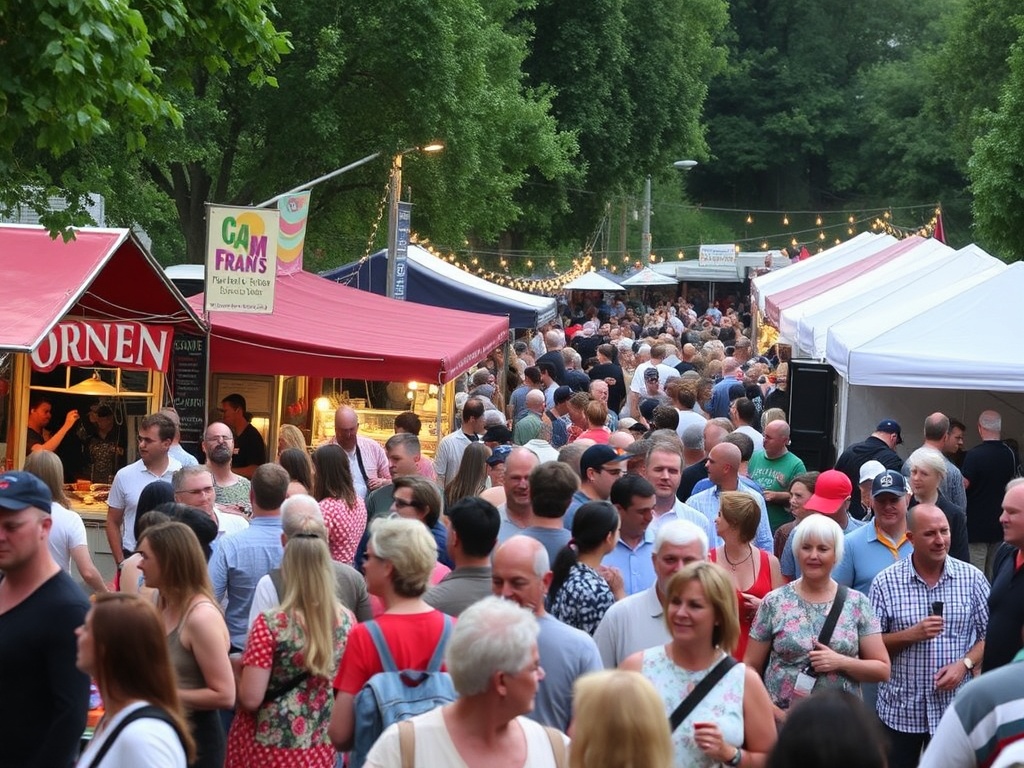 Crowds enjoying a local festival with food stalls and live music