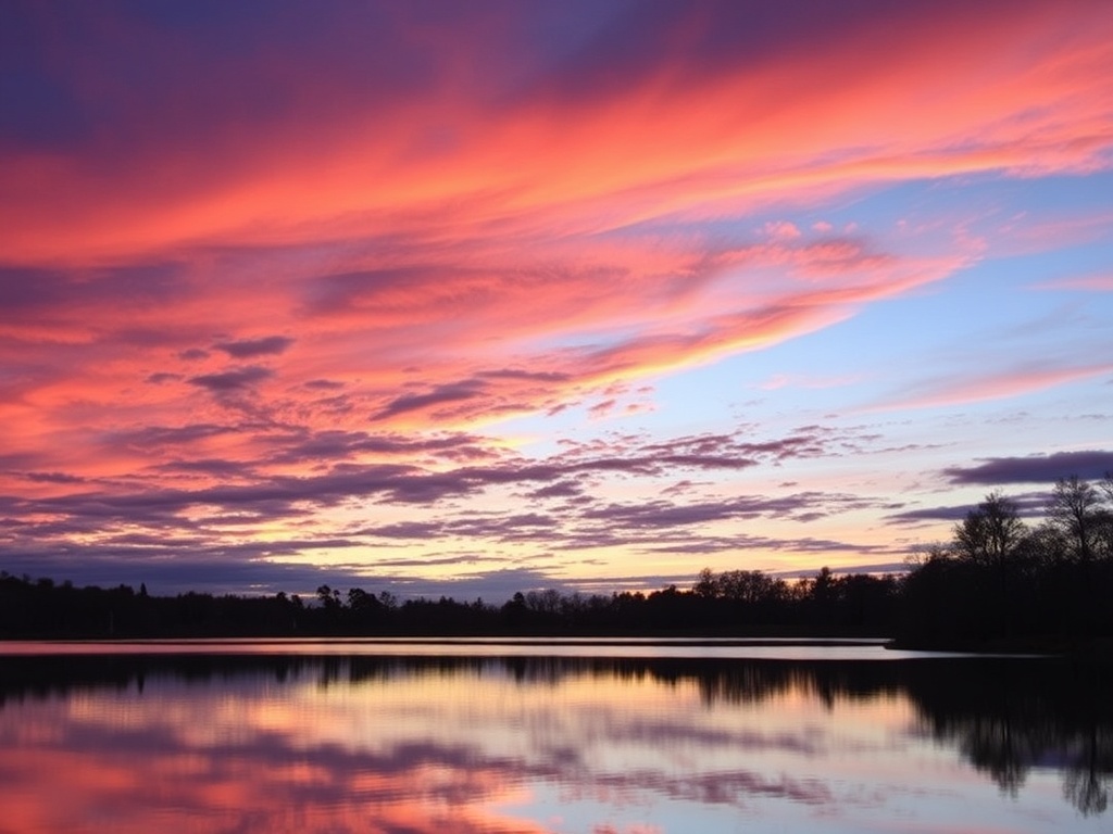 Vivid sunset over Bradford West Gwillimbury with a beautiful reflection in a calm lake