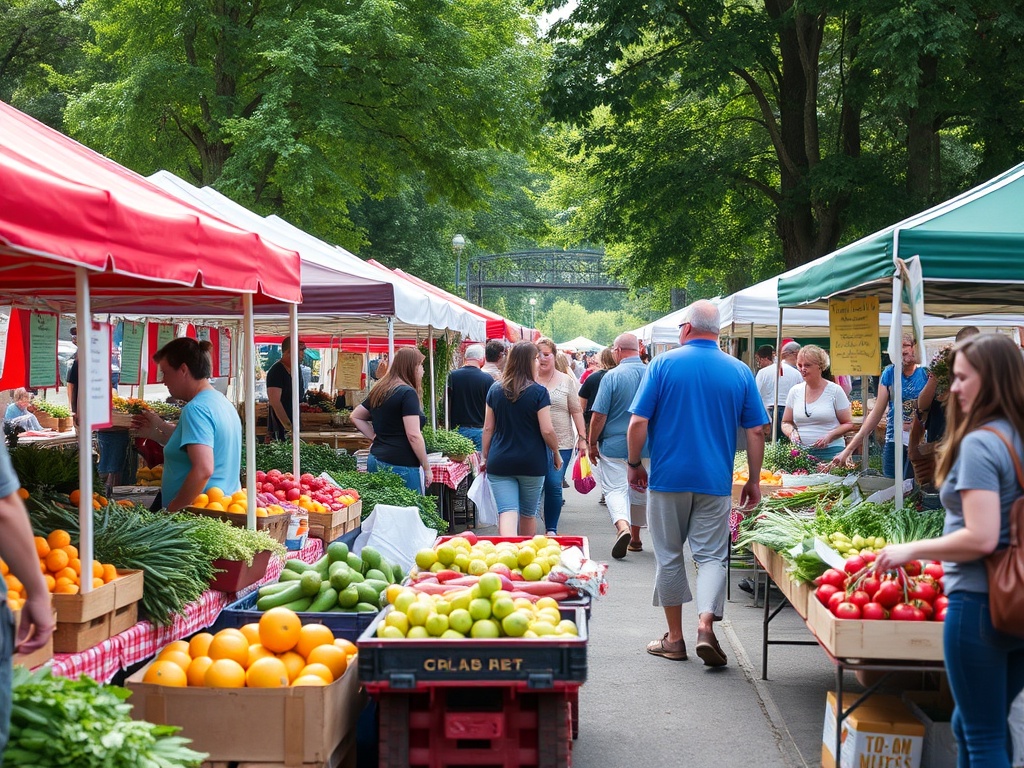 busy local farmers market in Ontario with fresh produce, vendors, and community vibe
