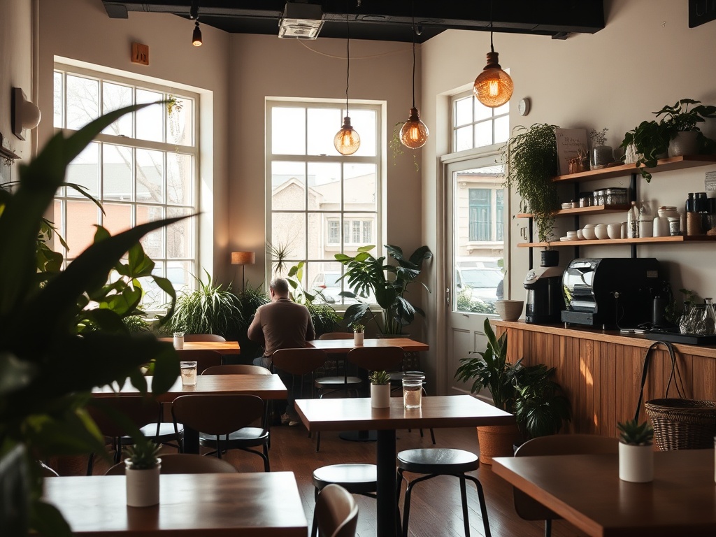 cozy independent coffee shop interior in Ontario with natural light, plants, and wooden tables