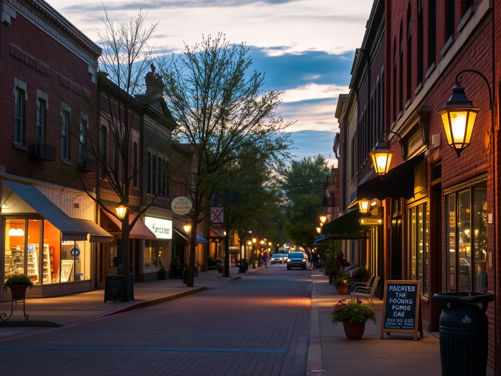 evening street scene in Brantford with warm lights, small shops, and relaxed atmosphere