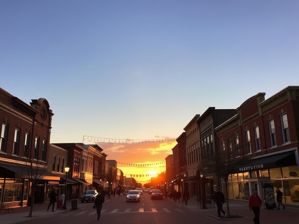 golden hour view of Brantford downtown streets with warm lights and people walking, Ontario small city charm