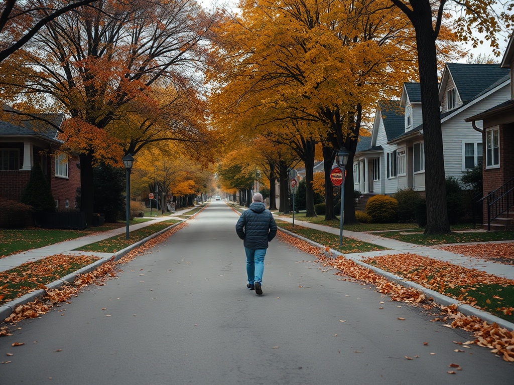 person walking through a quiet Ontario neighborhood street with autumn leaves and houses