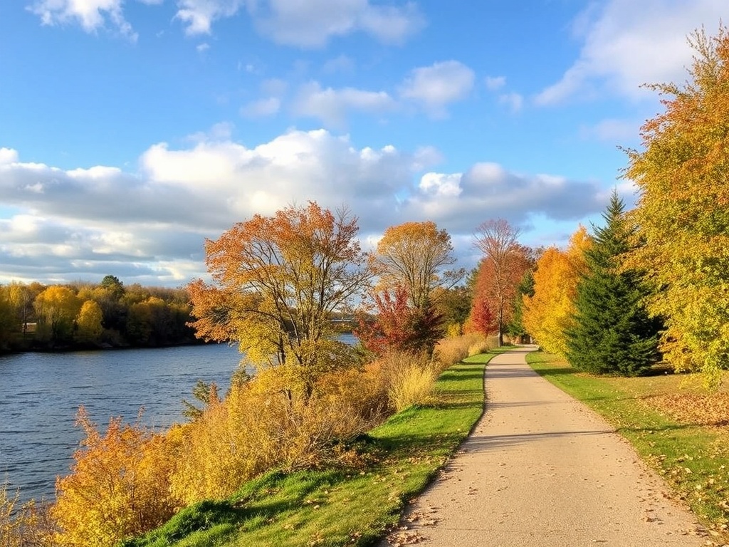 scenic Grand River trail in Brantford with fall colors and walking path