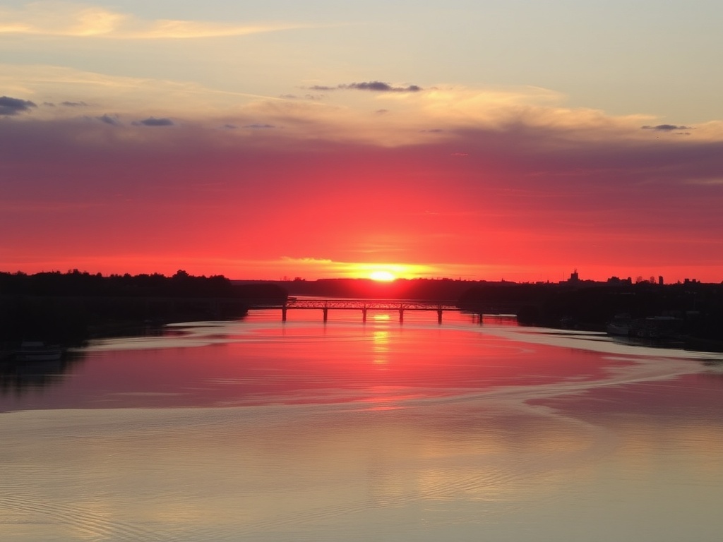 sunset over Grand River in Brantford with calm water and glowing sky
