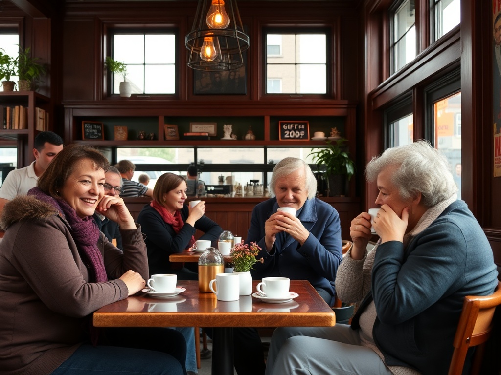 a cozy Brockville café setting with vibrant locals enjoying their coffee