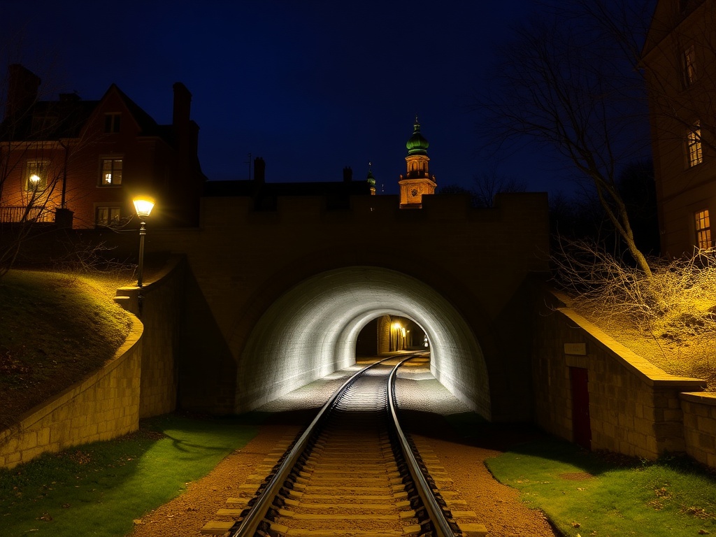 Brockville's historic Railway Tunnel illuminated at night with historic architecture in the background