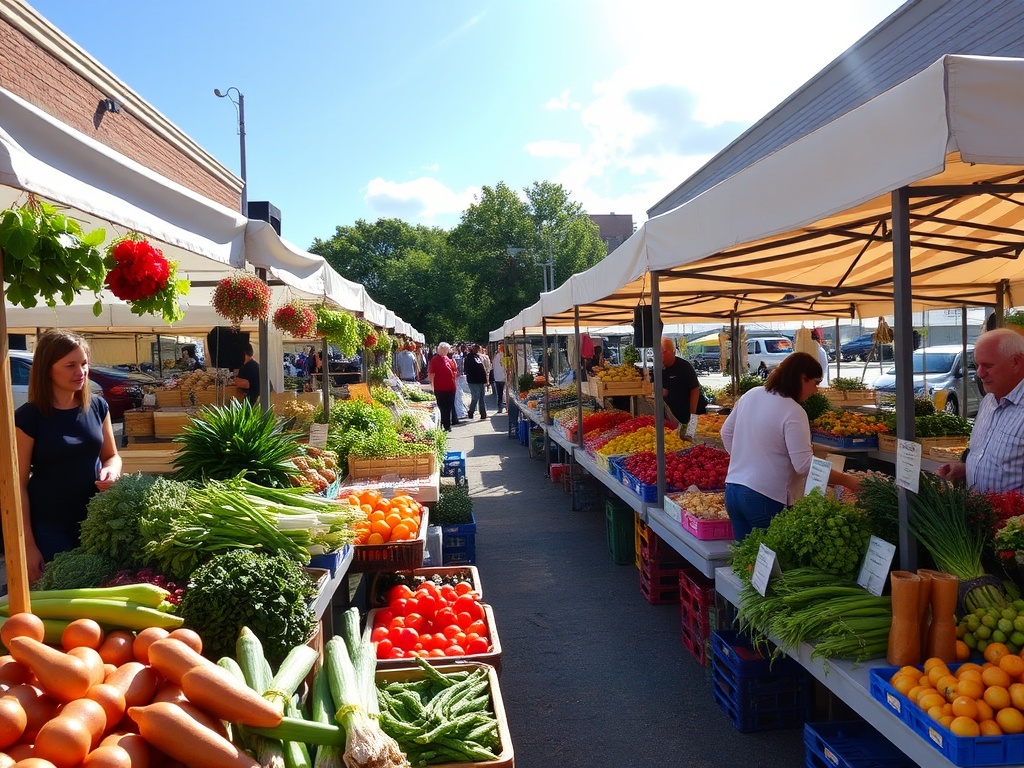 local Brockville farmers market with fresh produce and vibrant stalls under a sunny sky