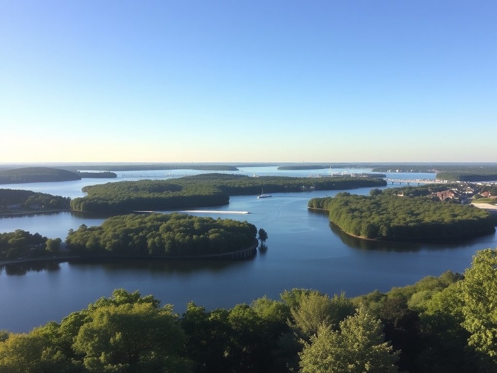 stunning view of St. Lawrence Park with boats in the distance and lush greenery