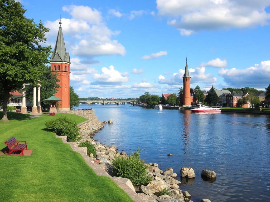 vivid description of Brockville's riverside beauty with lush green parks and historic landmarks