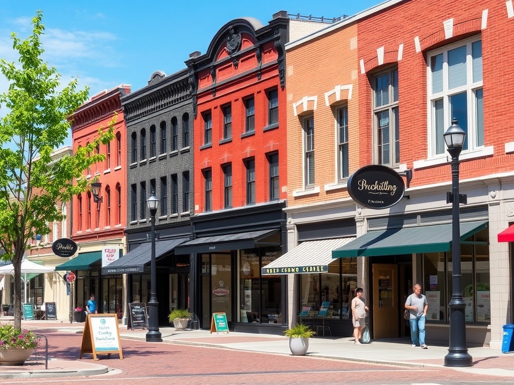 Brockville downtown streets Ontario small town shops storefronts historic buildings sunny day pedestrian view