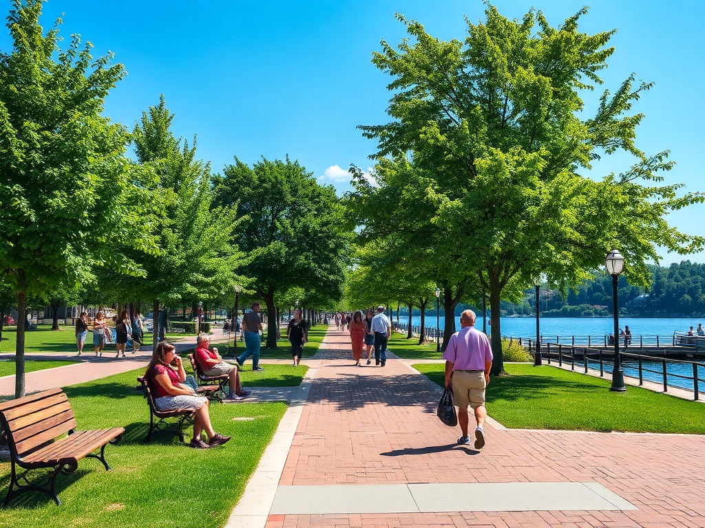 Brockville waterfront park summer people walking relaxing benches trees sunshine community atmosphere