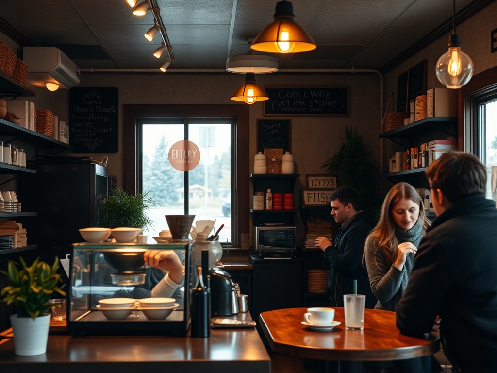 cozy small town coffee shop interior Ontario, warm lighting, barista making coffee, locals chatting, relaxed vibe