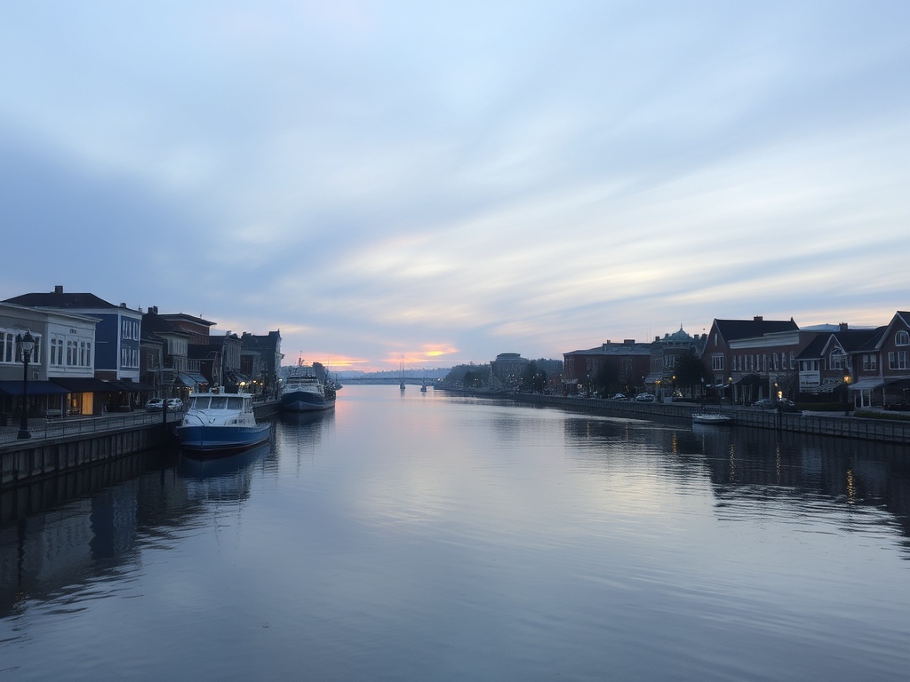early morning in Brockville Ontario waterfront, calm St Lawrence River, soft sunrise light, quiet streets, small town atmosphere