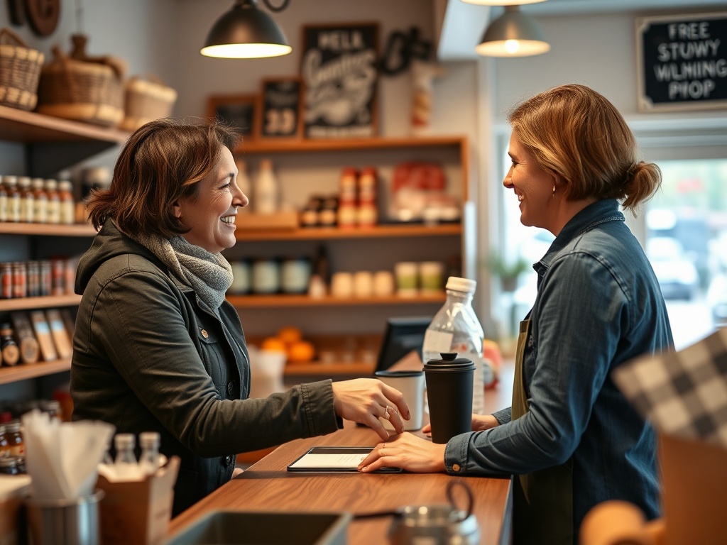friendly interaction in small town shop Ontario cashier greeting regular customer warm smile community vibe