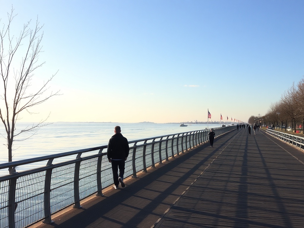 person walking along St Lawrence River Brockville boardwalk peaceful morning minimal crowd reflective water