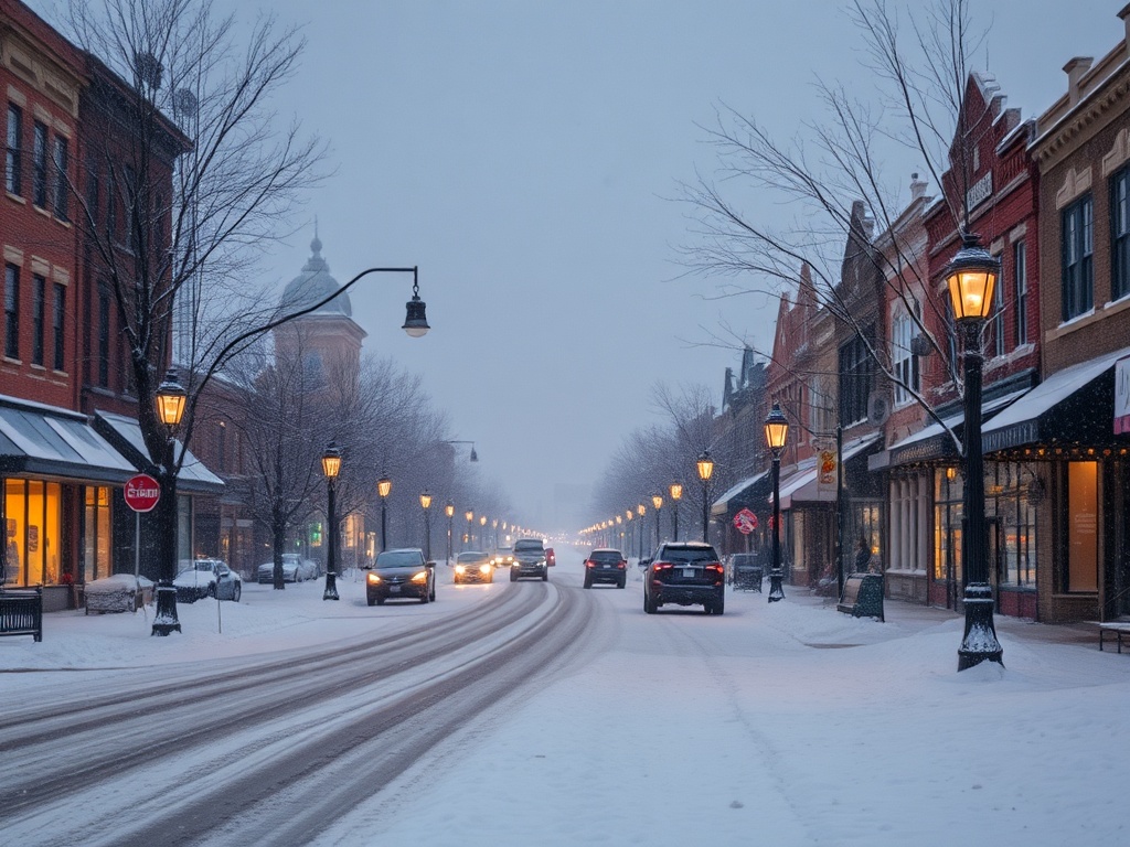 winter in Brockville Ontario snowy street warm lights small town quiet evening snow falling