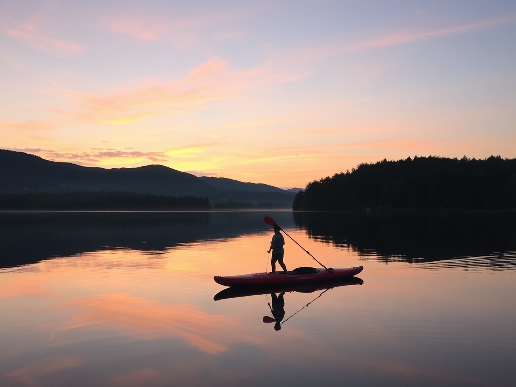 calm lake in Bromont at sunset with paddleboard and soft reflections