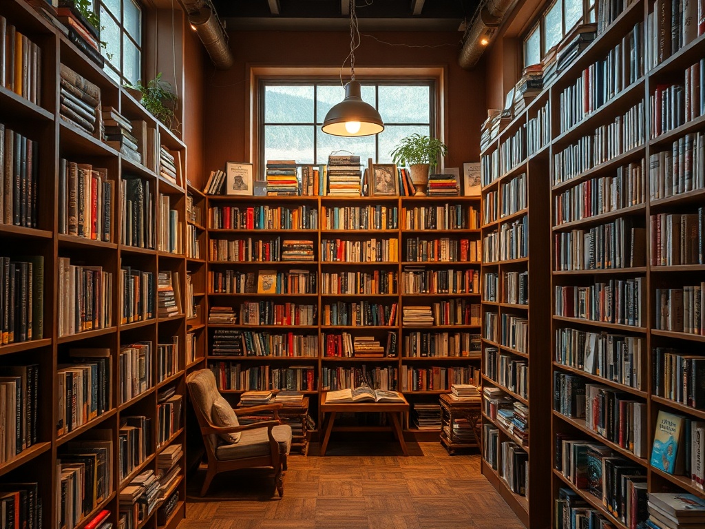 cozy independent bookstore interior with wooden shelves and reading corner warm lighting