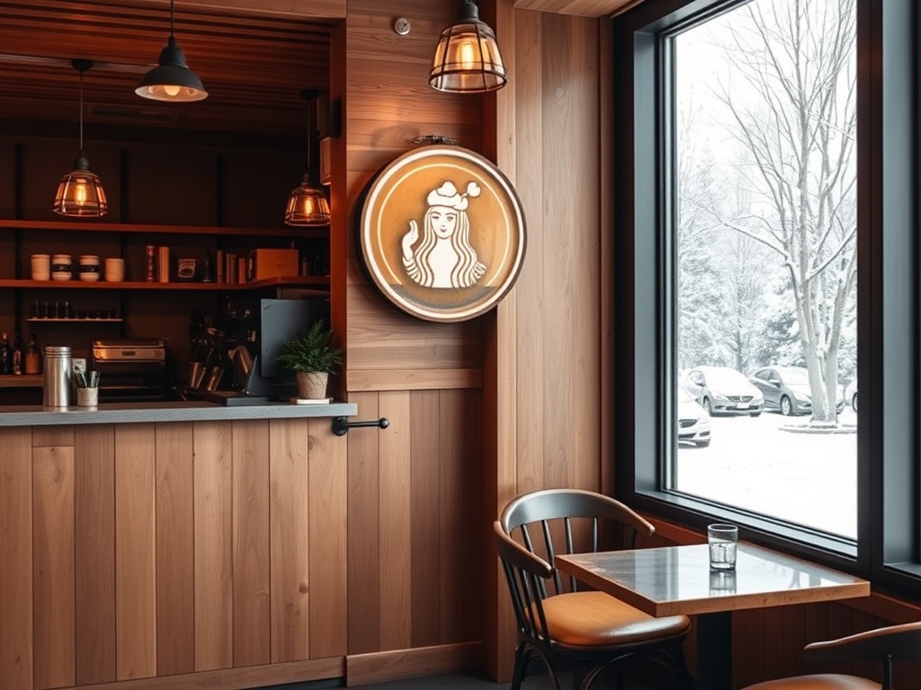cozy modern cafe interior in Quebec with latte art, warm wood tones and snow outside window