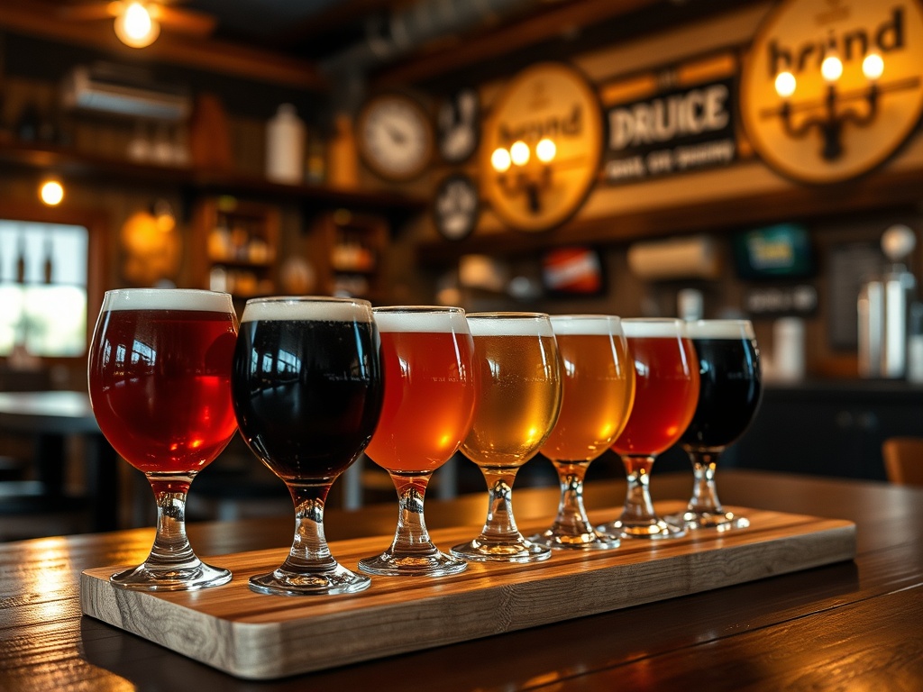 craft beer flight on wooden table with Quebec microbrewery ambiance warm lighting