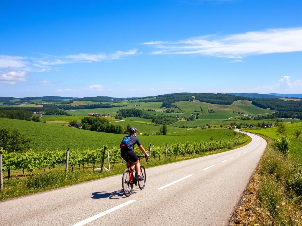cyclist riding scenic Quebec country road with rolling hills vineyards and blue sky