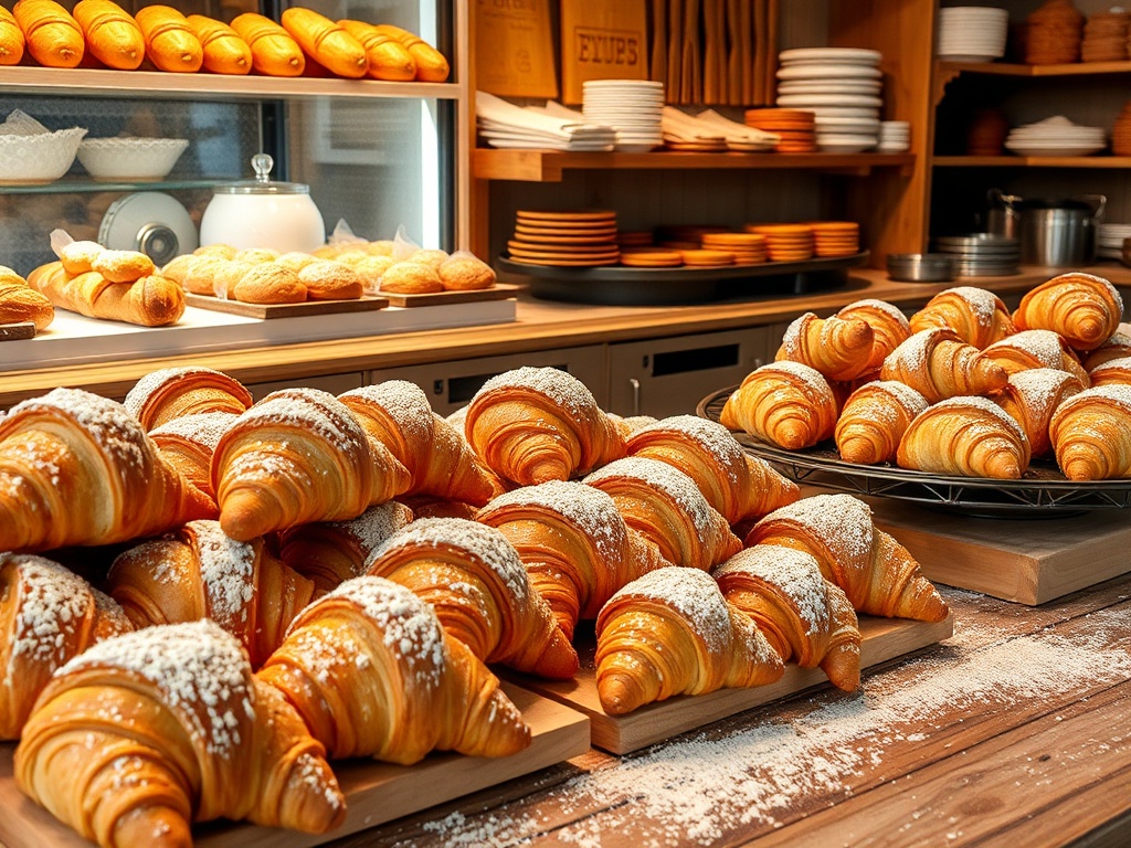 fresh croissants and pastries in rustic Quebec bakery display with flour dust