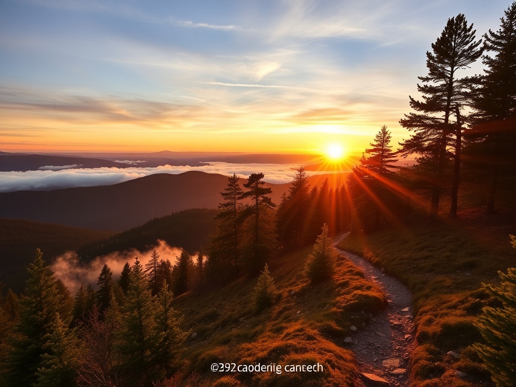 golden sunrise over Bromont mountain trails with mist and pine trees, peaceful Quebec landscape