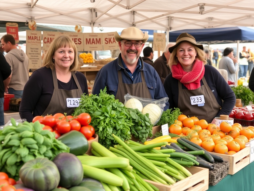 local farmers market Quebec with fresh vegetables maple products and smiling vendors