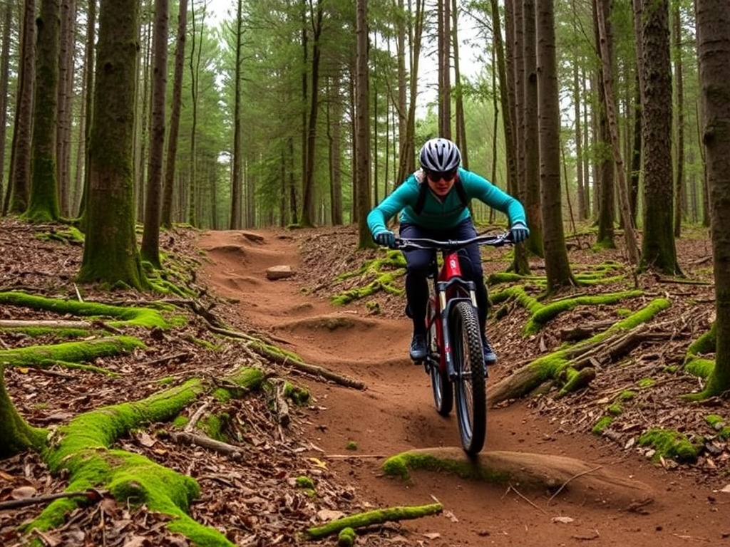 mountain biker riding forest trail in Bromont with roots and flowing dirt path