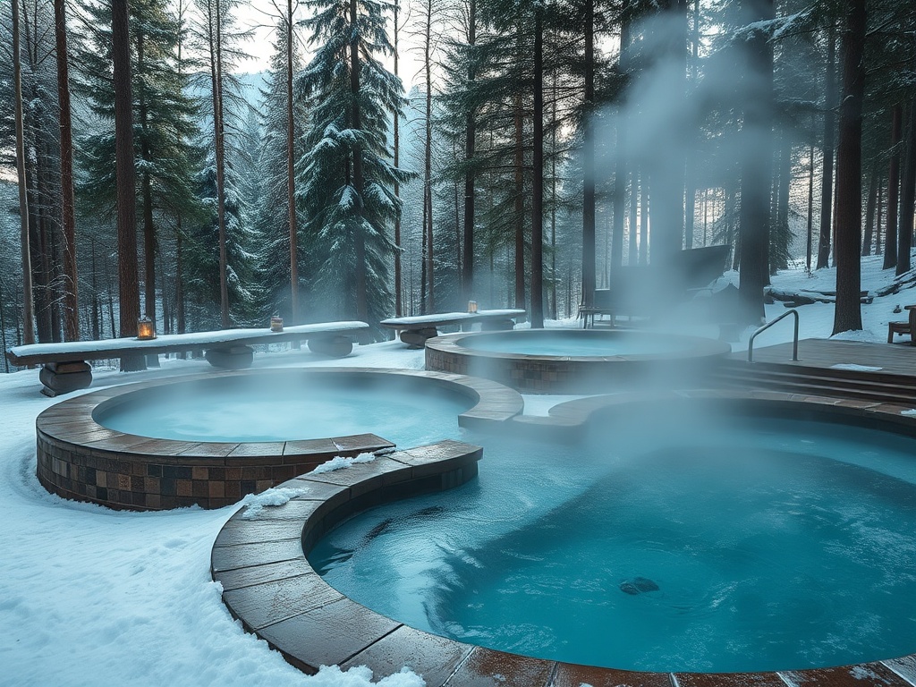 outdoor nordic spa in forest with hot pools steam and snow, tranquil atmosphere