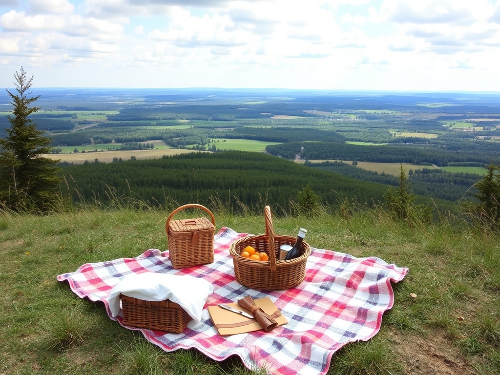 picnic setup on hill overlooking Quebec countryside with basket and blanket scenic view