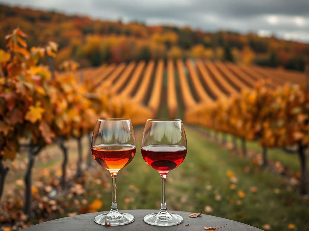 Quebec vineyard in autumn with colorful leaves wine glasses outdoor tasting