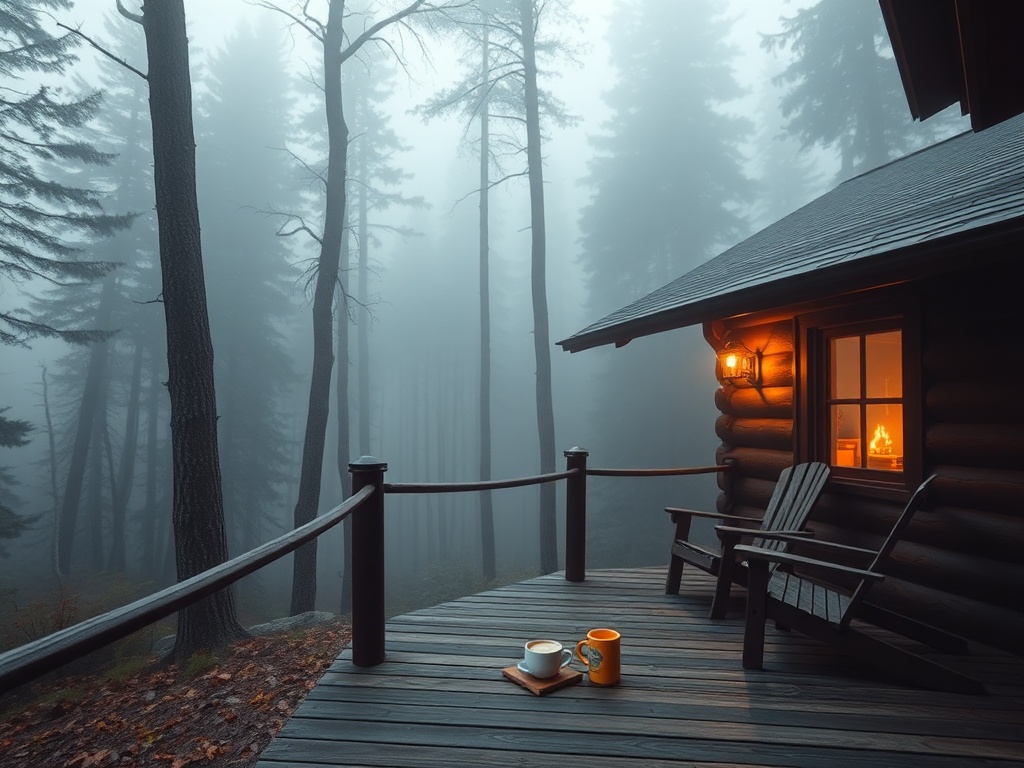 quiet cabin in bromont forest with morning fog and coffee on porch peaceful scene