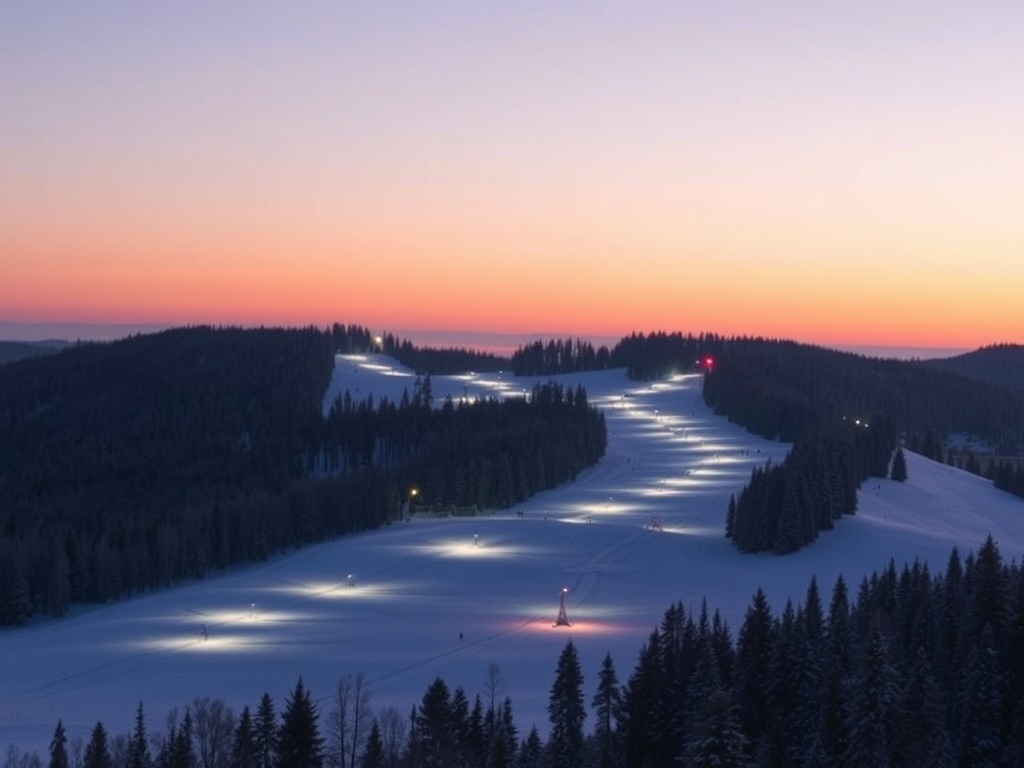 ski slopes in bromont at dusk with lights and smooth snow minimal crowds