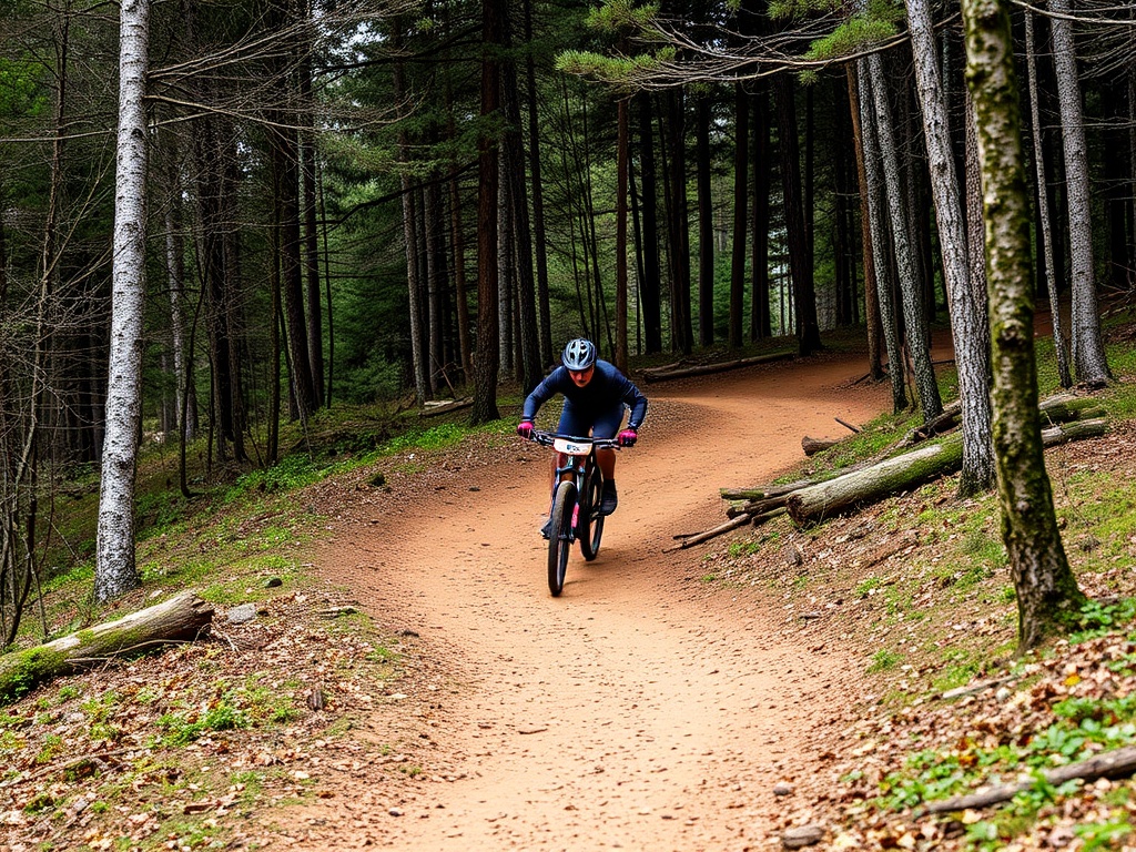 A person biking on a downhill trail surrounded by trees