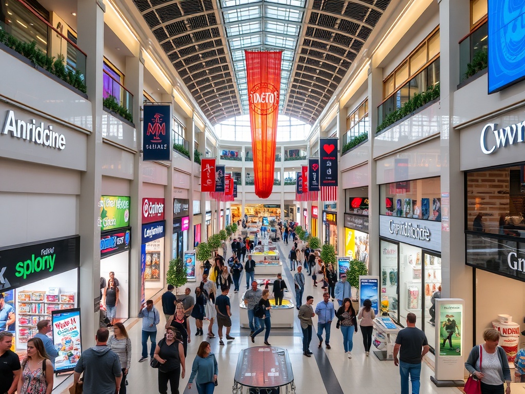 a bustling shopping mall with people, stores, and entertainment options