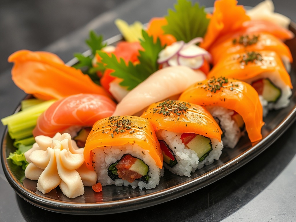 a colorful plate of sushi with fresh fish and vegetables