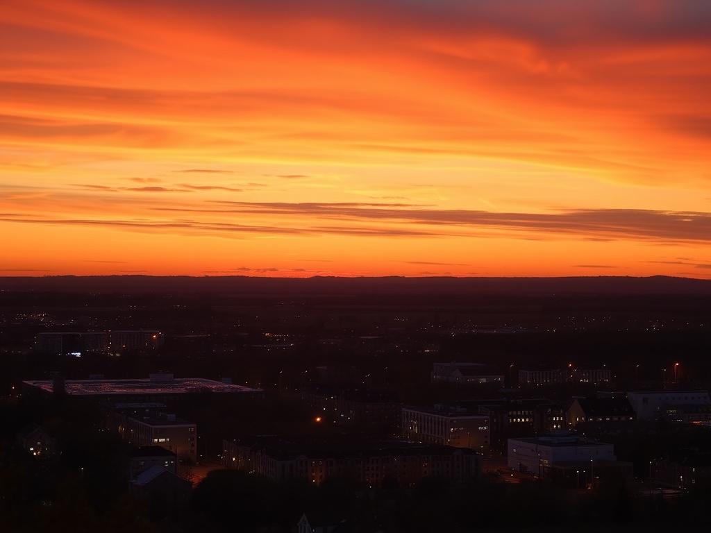 a sunset view of Brossard with the sky turning orange and the town lights beginning to glow