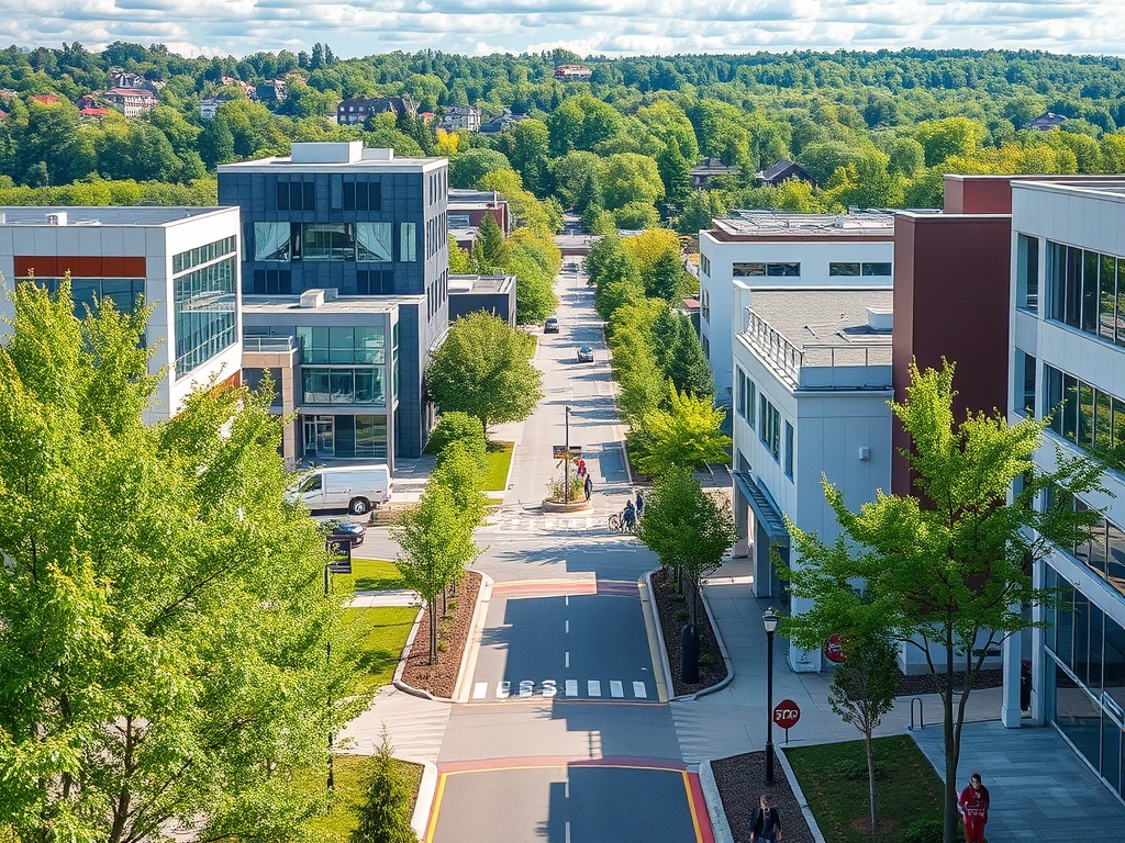 a vibrant view of Brossard's town center with trees, modern buildings, and pedestrians