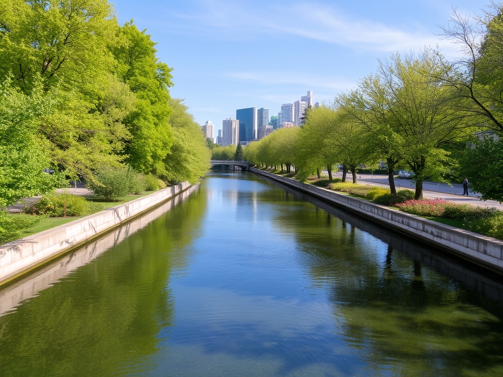 A beautiful canal with clear water, surrounded by trees and the Montreal skyline in the background