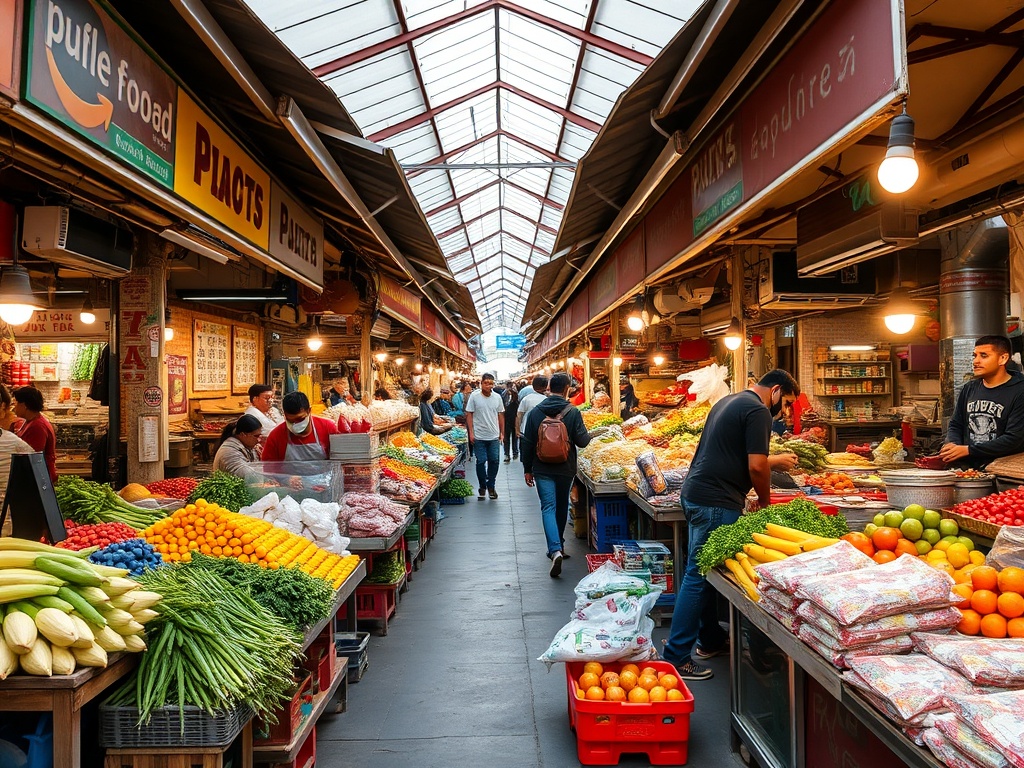 A busy public market with local food vendors and fresh produce, colorful stalls