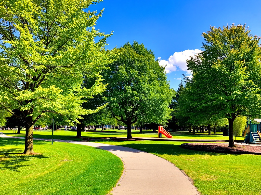 A scenic park with green trees, a walking trail, and a playground on a sunny day