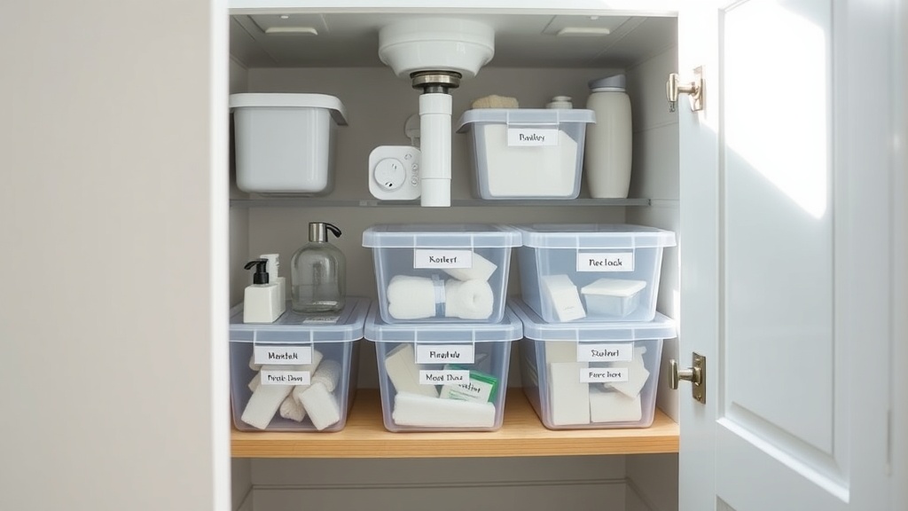 Under-sink bathroom cabinet organization makeover with clear bins