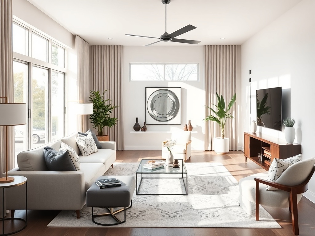 bright modern living room with layered lighting, neutral palette, and affordable decor styled to look high-end