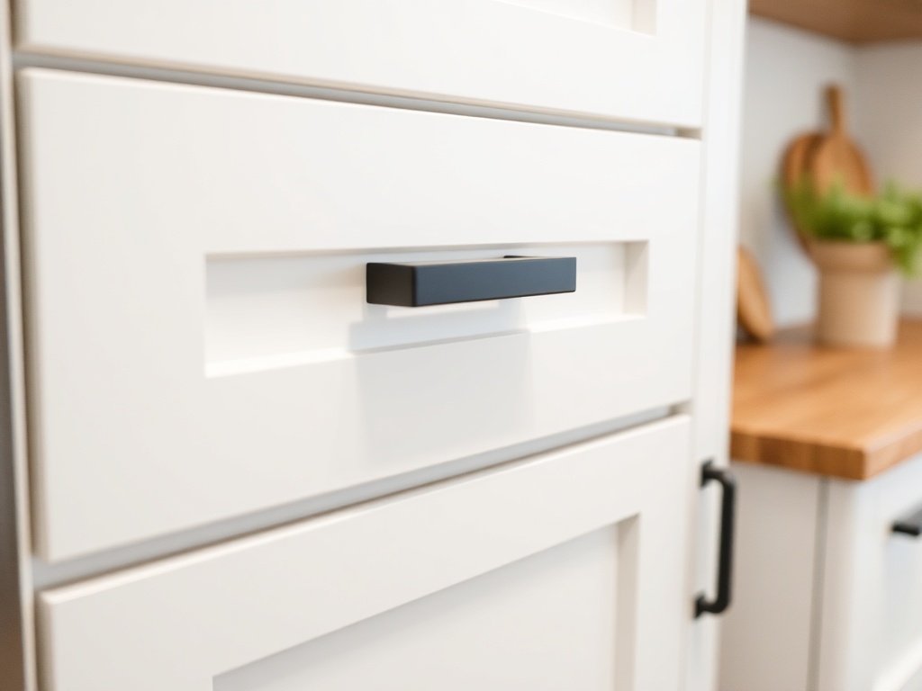 close-up of modern kitchen cabinet with sleek matte black handles and clean white cabinetry