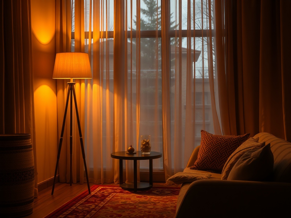 cozy corner with floor lamp, table lamp, and warm layered lighting creating a luxurious atmosphere