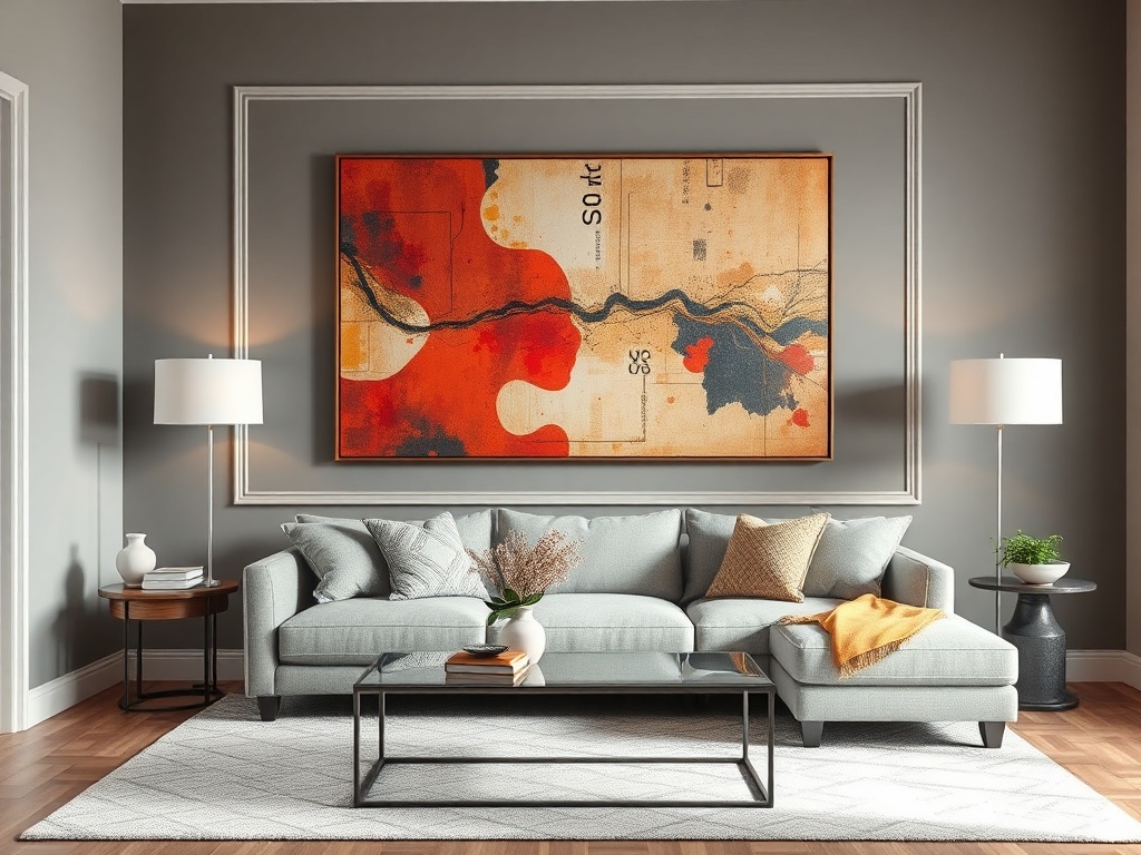living room with large statement art piece above sofa creating a focal point