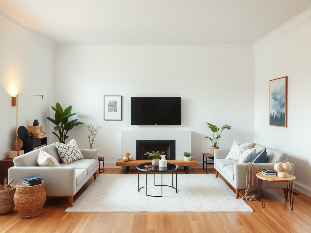 minimalist decluttered living room with clean lines and intentional decor placement